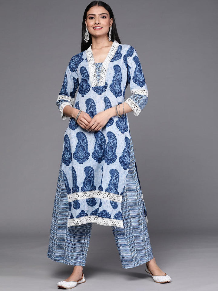 Blue Printed Cotton Kurta Set