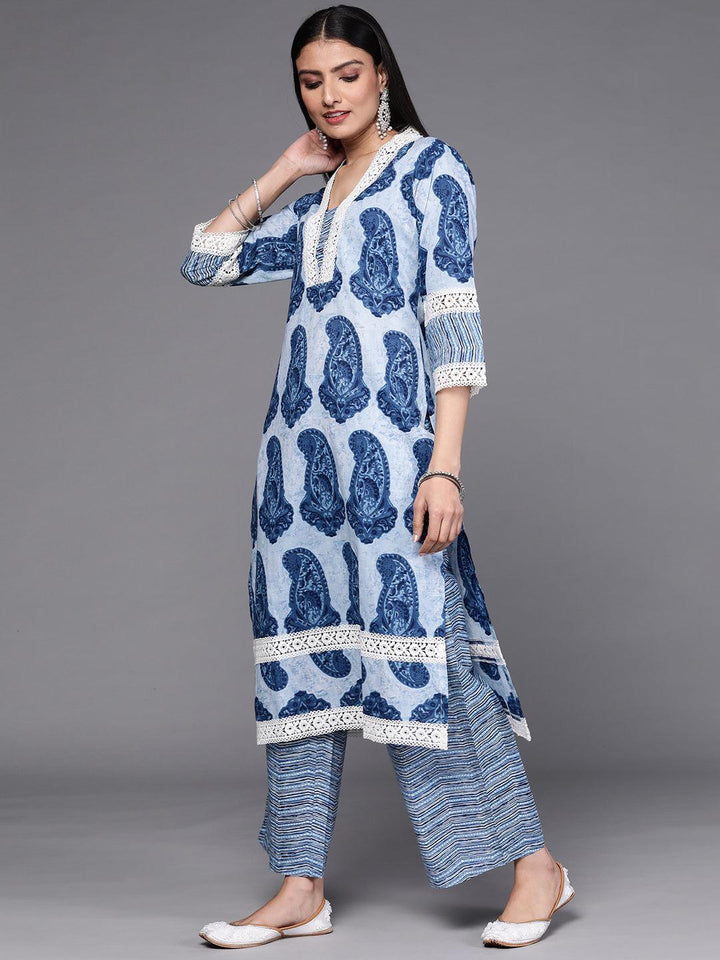 Blue Printed Cotton Kurta Set