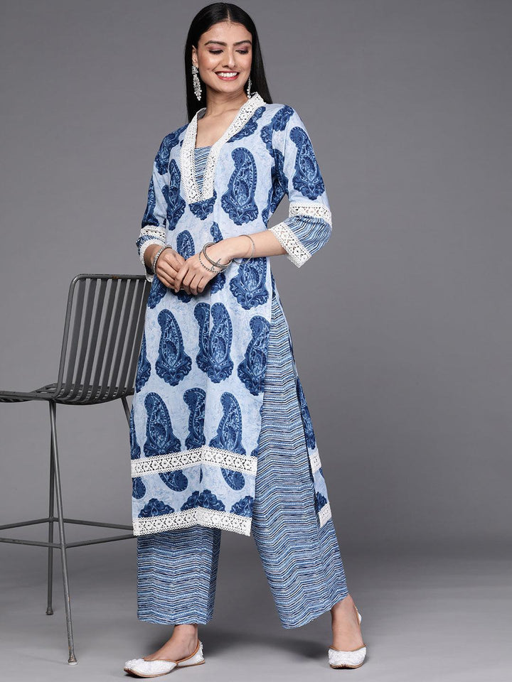 Blue Printed Cotton Kurta Set