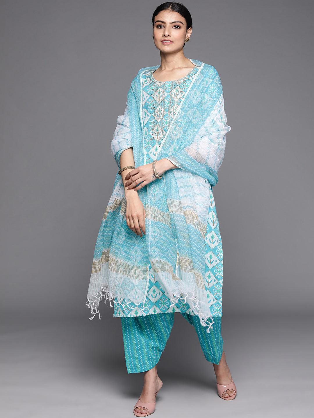 Blue Printed Cotton Suit Set - ShopLibas