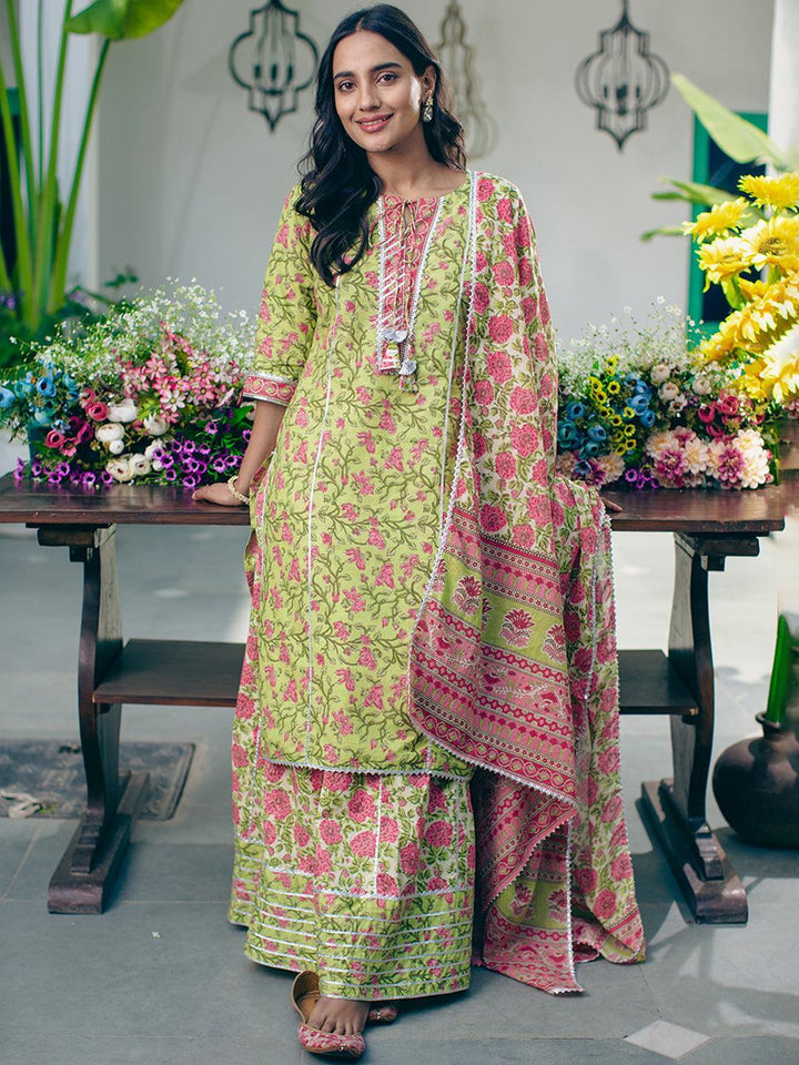 Green Printed Cotton Suit Set