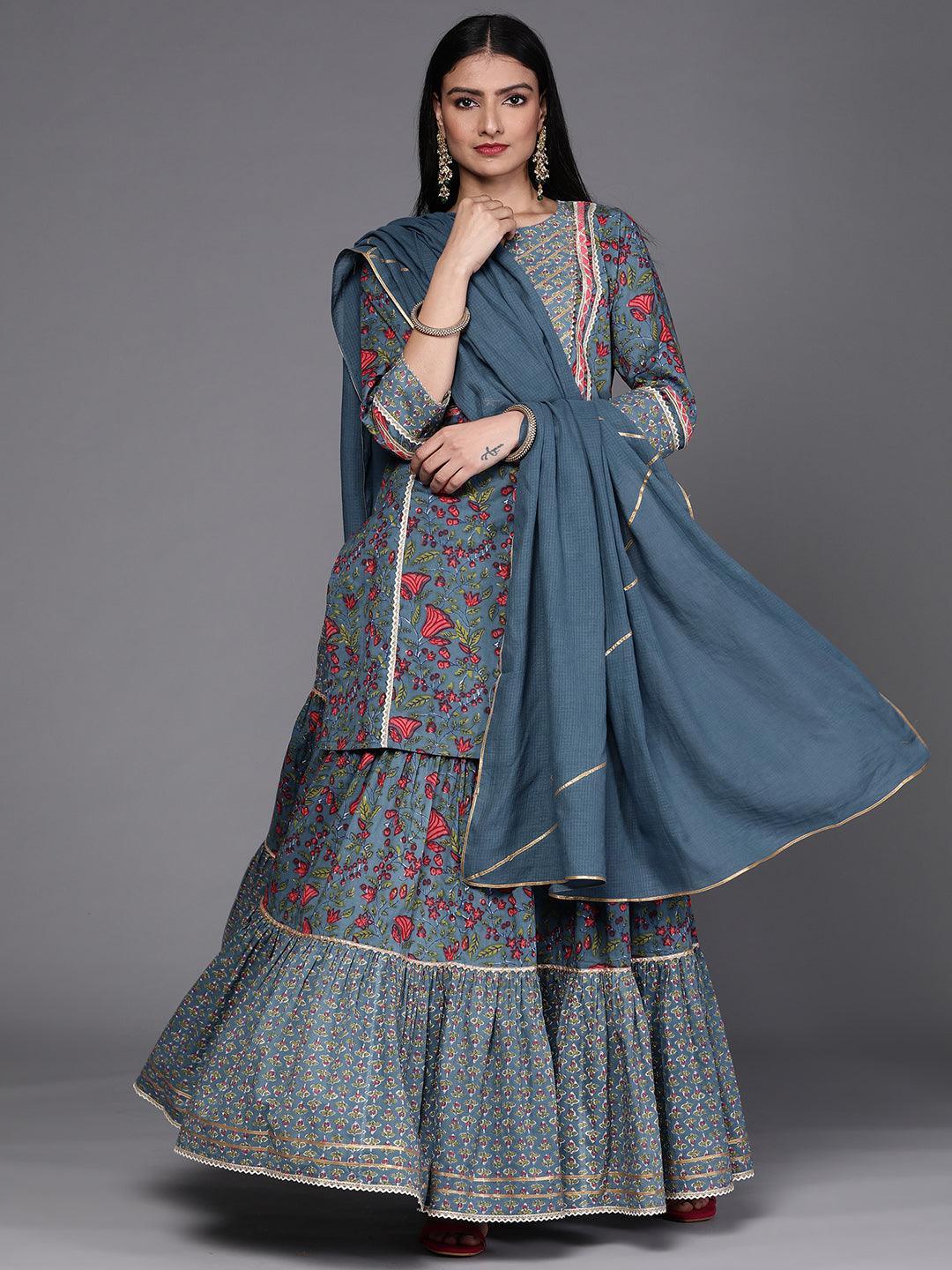 Blue Printed Cotton Suit Set - ShopLibas