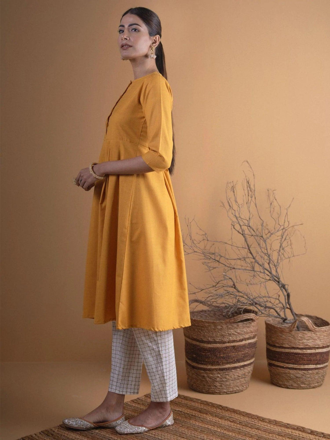 Mustard Solid Cotton Kurta - ShopLibas