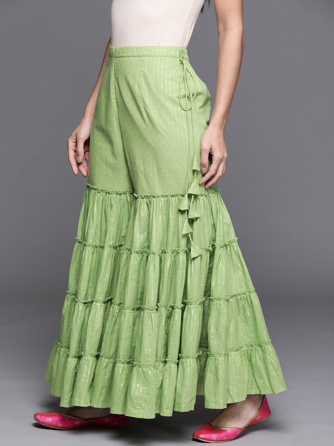 Green Self Design Cotton Sharara Pants - ShopLibas