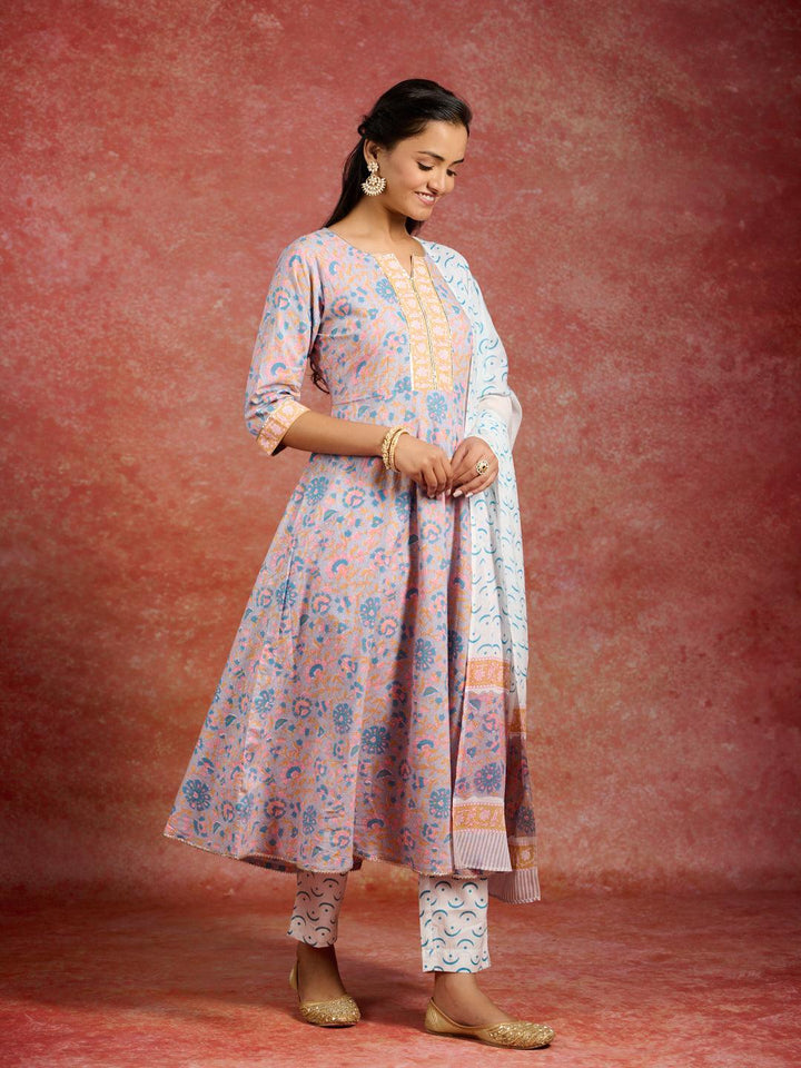 Grey Printed Cotton Anarkali Kurta With Trousers & Dupatta