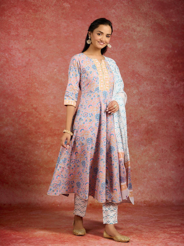 Grey Printed Cotton Anarkali Kurta With Trousers & Dupatta