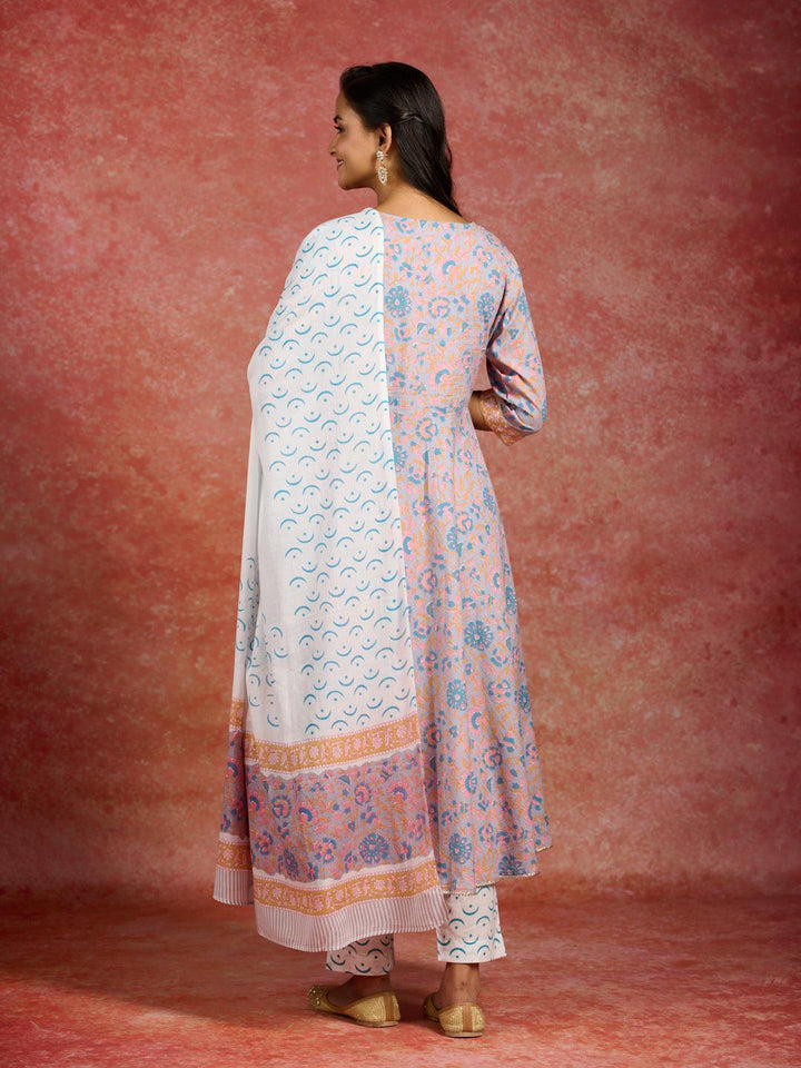 Grey Printed Cotton Anarkali Kurta With Trousers & Dupatta