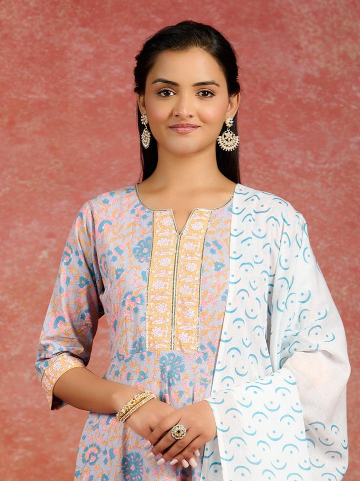 Grey Printed Cotton Anarkali Kurta With Trousers & Dupatta