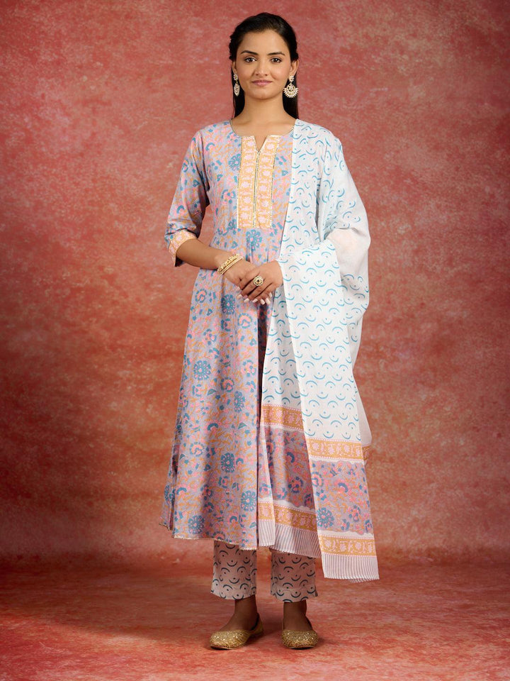 Grey Printed Cotton Anarkali Kurta With Trousers & Dupatta