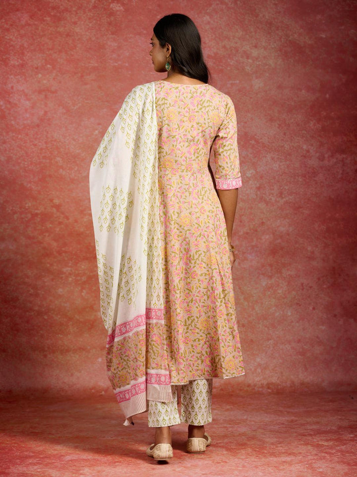 Tan Printed Cotton Anarkali Kurta With Trousers & Dupatta