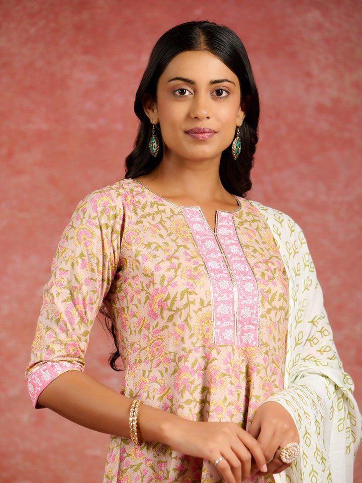 Tan Printed Cotton Anarkali Kurta With Trousers & Dupatta