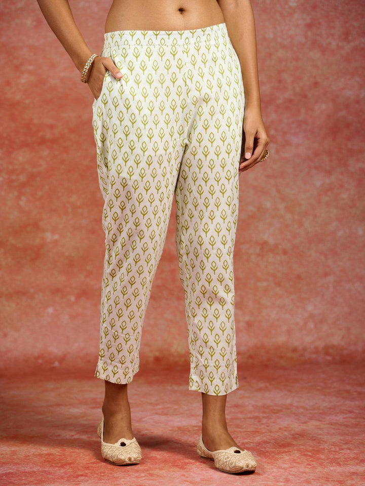 Tan Printed Cotton Anarkali Kurta With Trousers & Dupatta