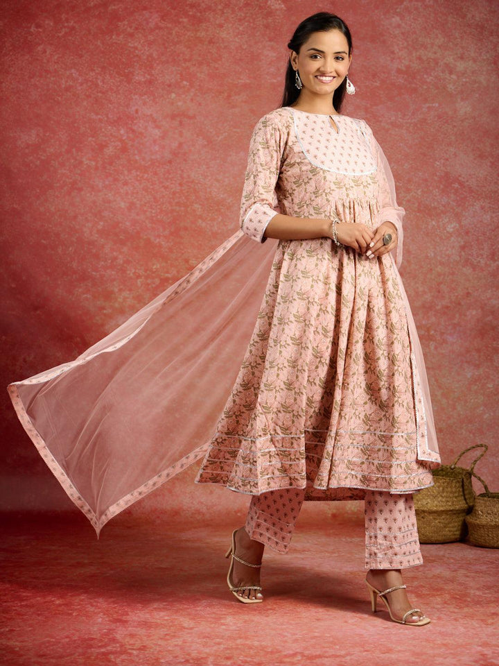 Peach Printed Cotton Anarkali Kurta With Trousers & Dupatta