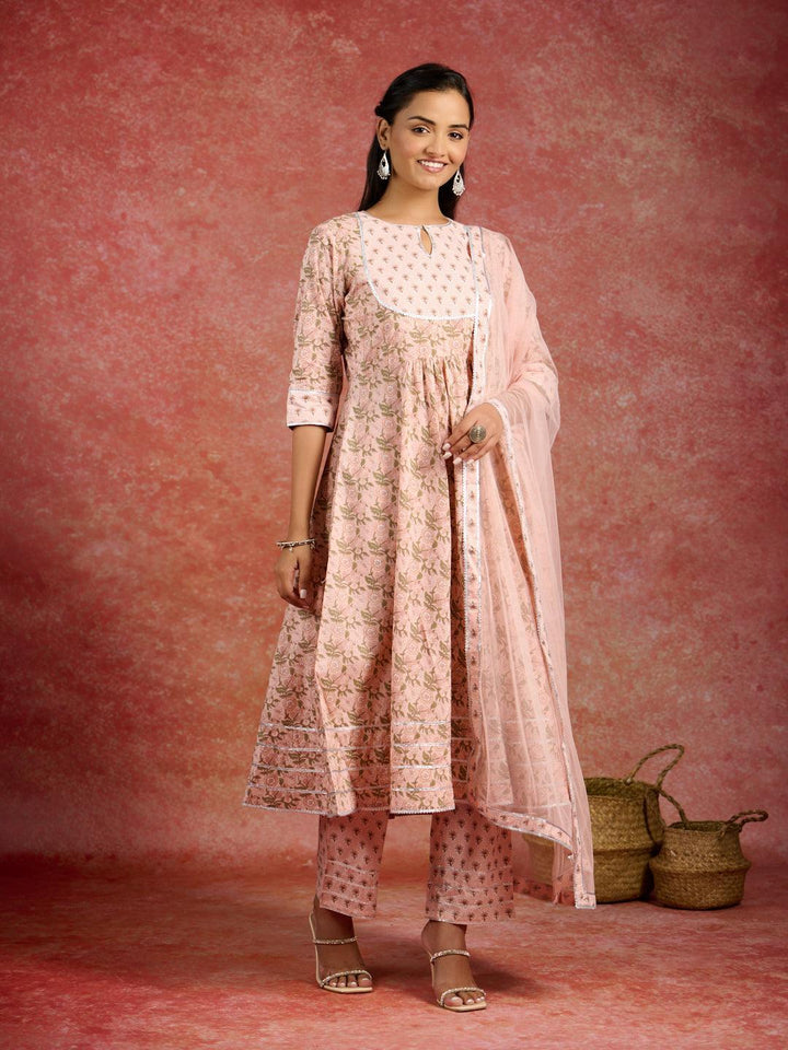 Peach Printed Cotton Anarkali Kurta With Trousers & Dupatta