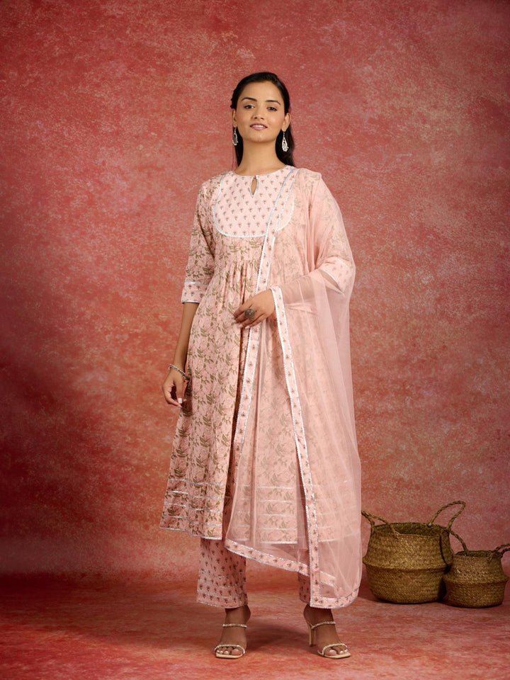 Peach Printed Cotton Anarkali Kurta With Trousers & Dupatta