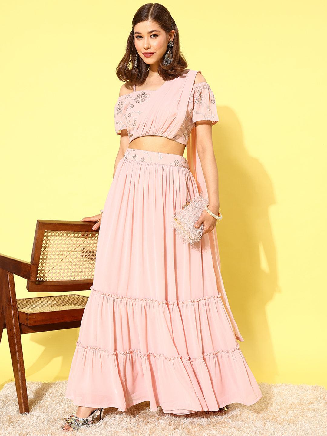 Pink Embellished Georgette Lehenga Choli - ShopLibas