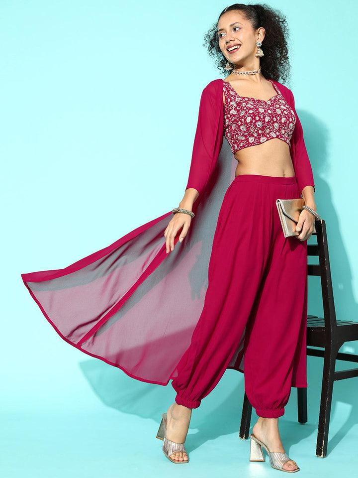 Magenta Embellished Georgette 3 Piece Co-Ords