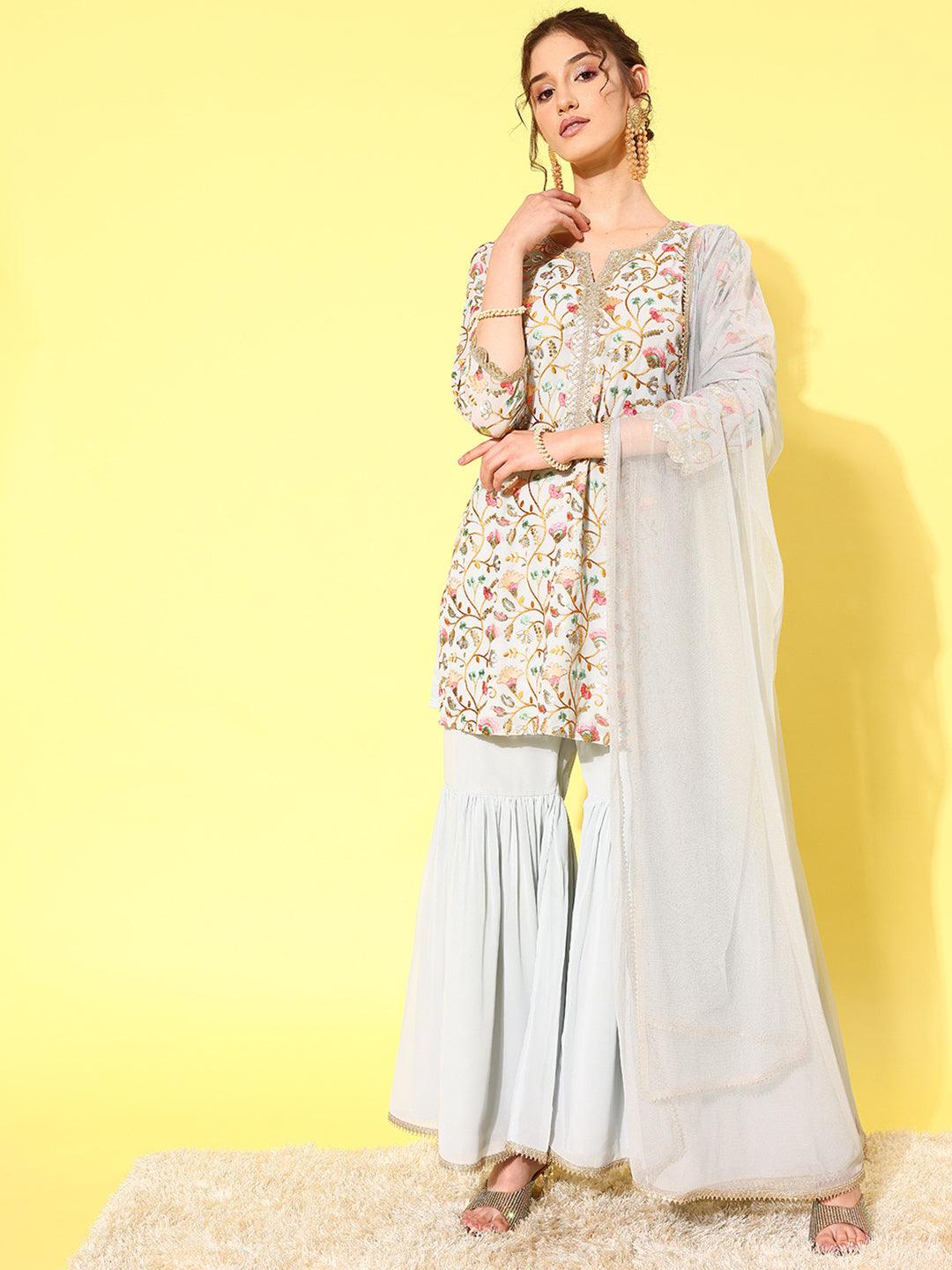 Blue Embroidered Georgette Straight Kurti With Sharara & Dupatta - ShopLibas