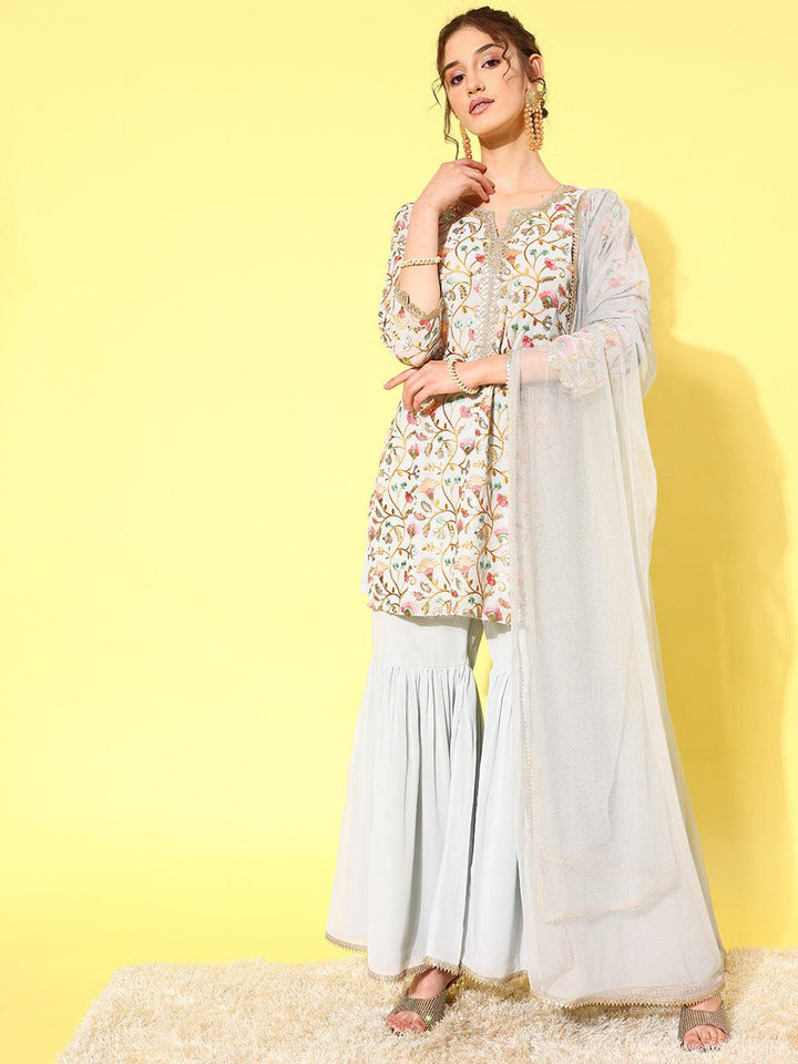 Blue Embroidered Georgette Straight Kurti With Sharara & Dupatta