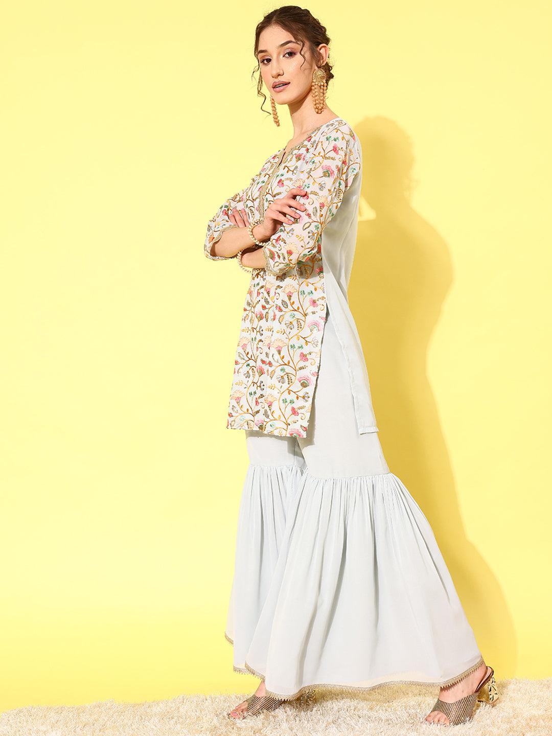 Blue Embroidered Georgette Straight Kurti With Sharara & Dupatta - ShopLibas