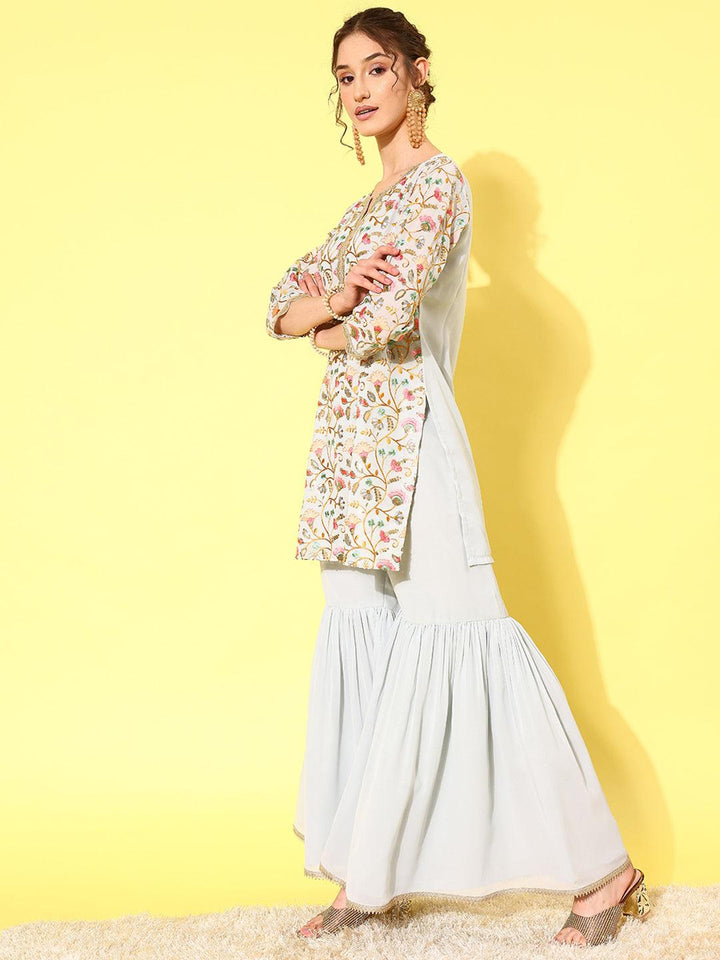 Blue Embroidered Georgette Straight Kurti With Sharara & Dupatta