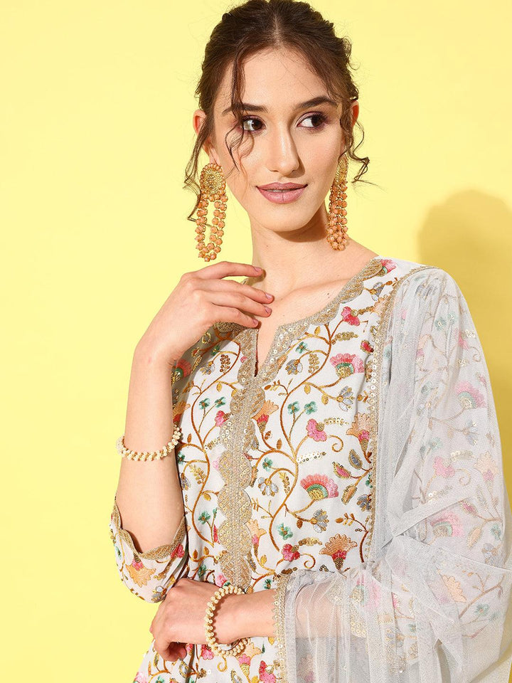 Blue Embroidered Georgette Straight Kurti With Sharara & Dupatta