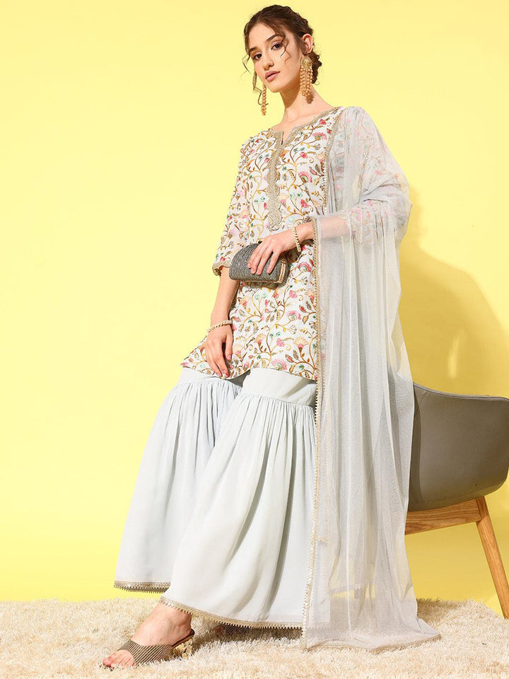 Blue Embroidered Georgette Straight Kurti With Sharara & Dupatta