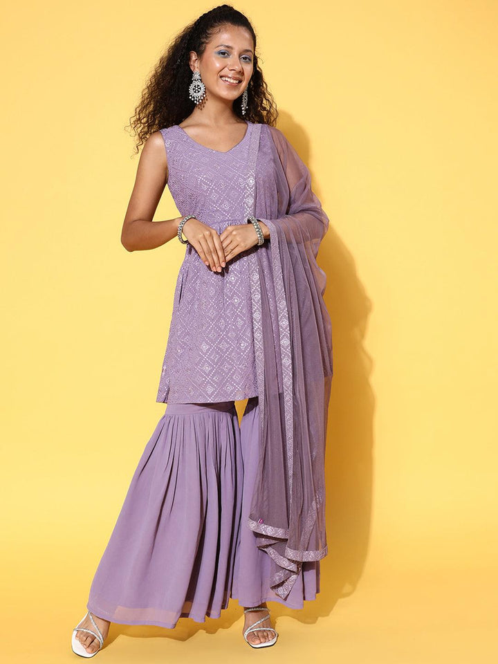 Lavender Embroidered Georgette A-Line Kurta With Sharara & Dupatta