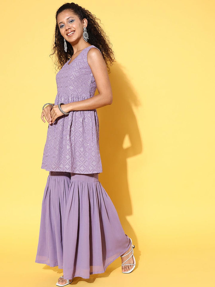 Lavender Embroidered Georgette A-Line Kurta With Sharara & Dupatta