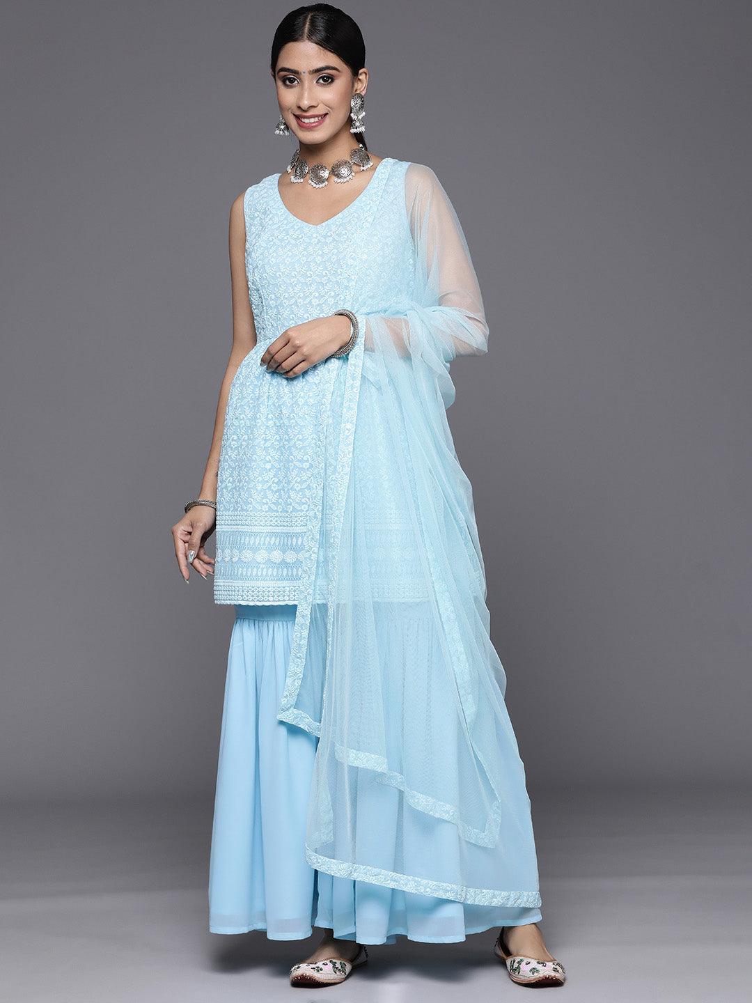 Black Embroidered Georgette Anarkali Kurta With Trousers & Dupatta - ShopLibas