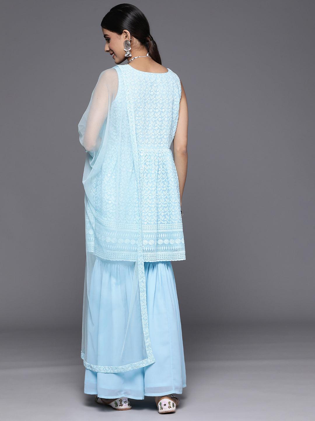 Black Embroidered Georgette Anarkali Kurta With Trousers & Dupatta - ShopLibas