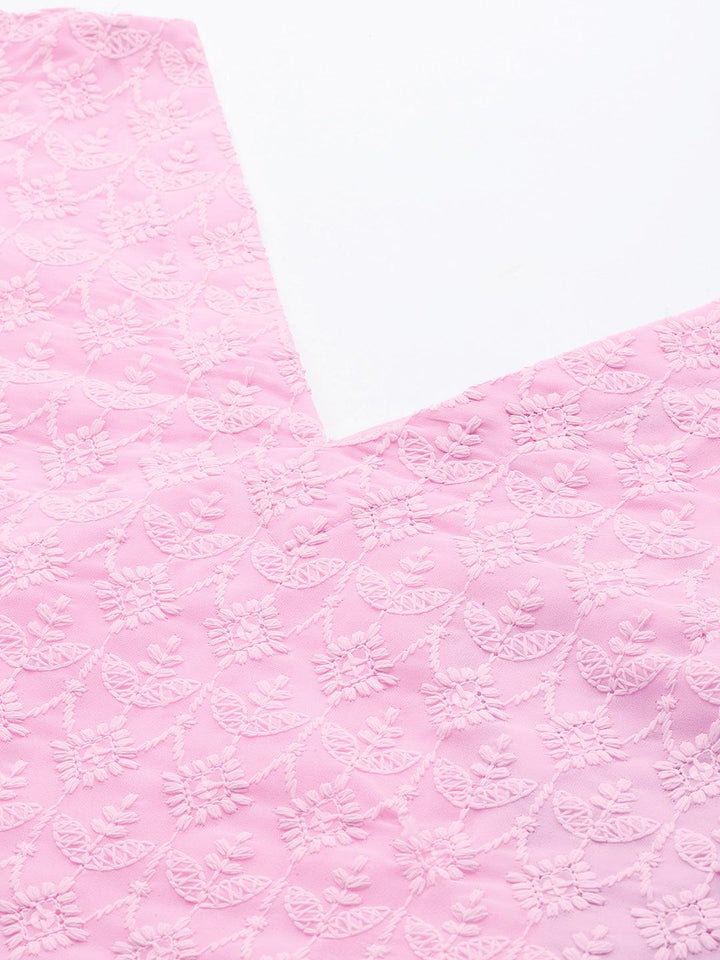 Pink Embroidered Georgette Straight Kurta With Trousers & Dupatta