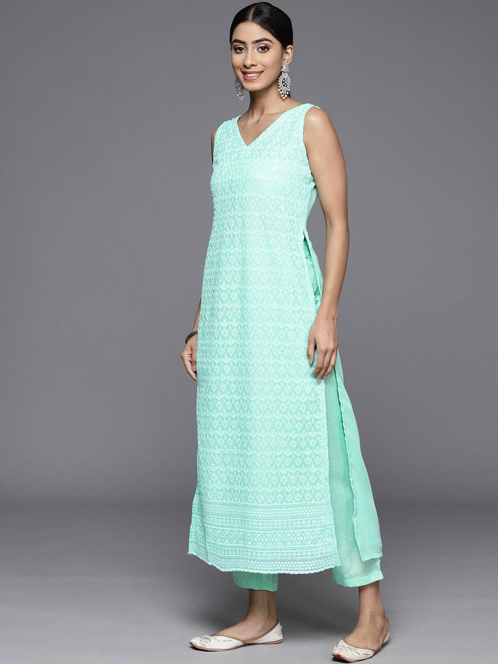 Sea Green Embroidered Georgette Straight Kurta With Trousers & Dupatta