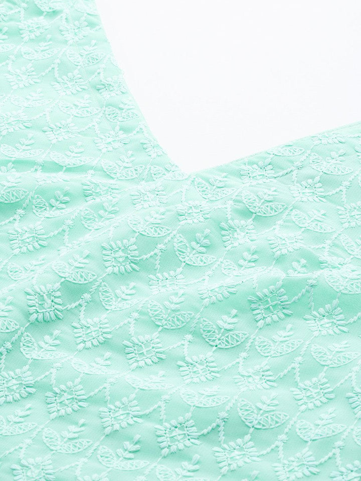 Sea Green Embroidered Georgette Straight Kurta With Trousers & Dupatta