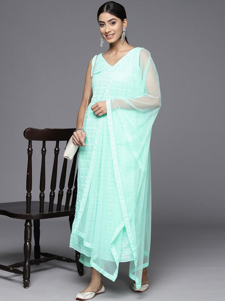 Sea Green Embroidered Georgette Straight Kurta With Trousers & Dupatta