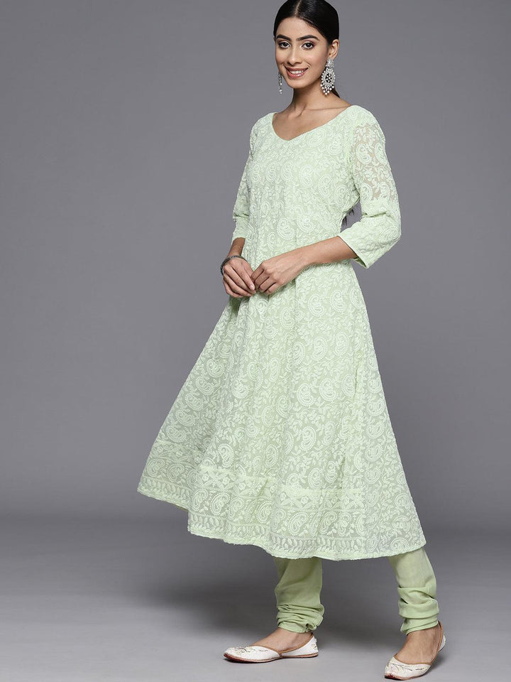 Green Embroidered Georgette Anarkali Kurta With Churidar & Dupatta