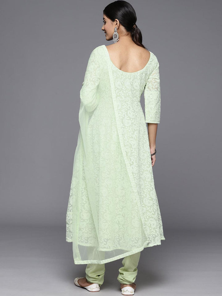 Green Embroidered Georgette Anarkali Kurta With Churidar & Dupatta