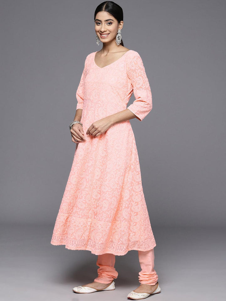 Peach Embroidered Georgette Anarkali Kurta With Churidar & Dupatta