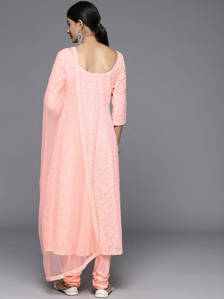 Peach Embroidered Georgette Anarkali Kurta With Churidar & Dupatta