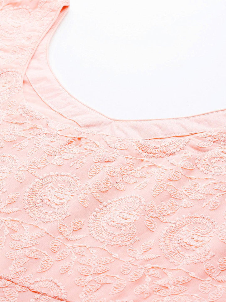 Peach Embroidered Georgette Anarkali Kurta With Churidar & Dupatta