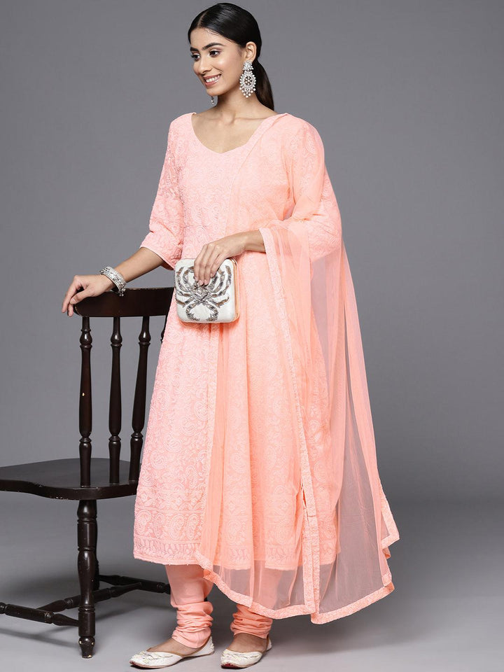 Peach Embroidered Georgette Anarkali Kurta With Churidar & Dupatta