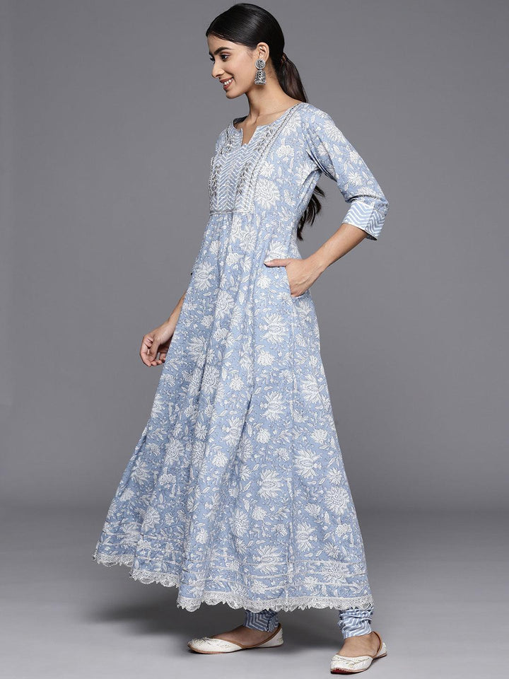 Blue Yoke Design Cotton Anarkali Kurta With Churidar & Dupatta