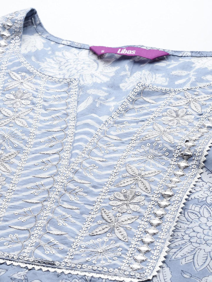 Blue Yoke Design Cotton Anarkali Kurta With Churidar & Dupatta