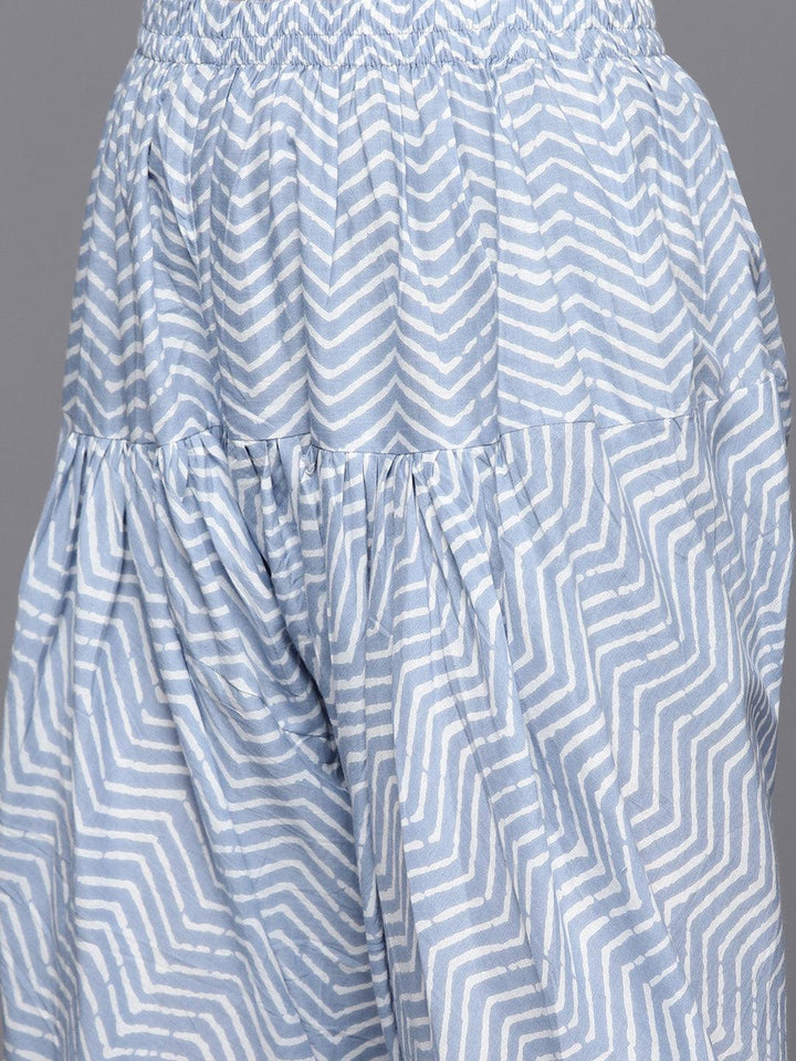 Blue Yoke Design Cotton Anarkali Kurta With Churidar & Dupatta