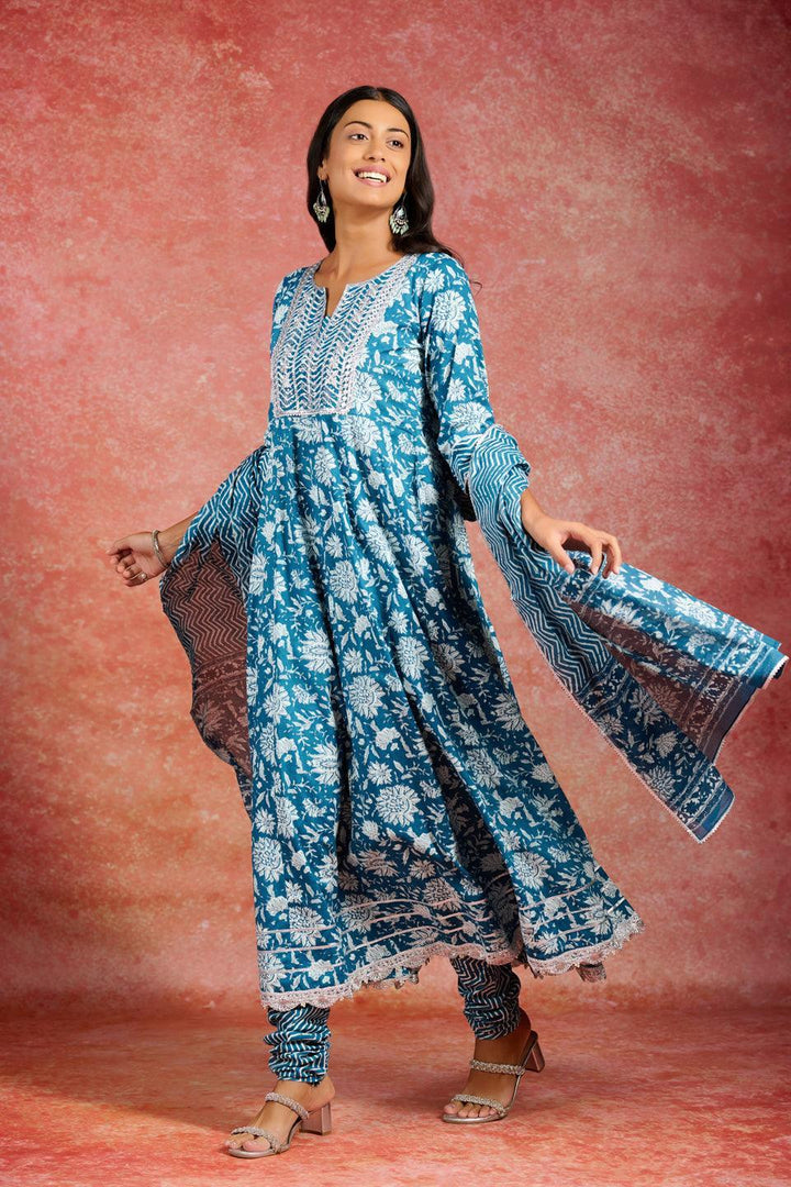 Blue Printed Cotton Anarkali Kurta With Churidar & Dupatta