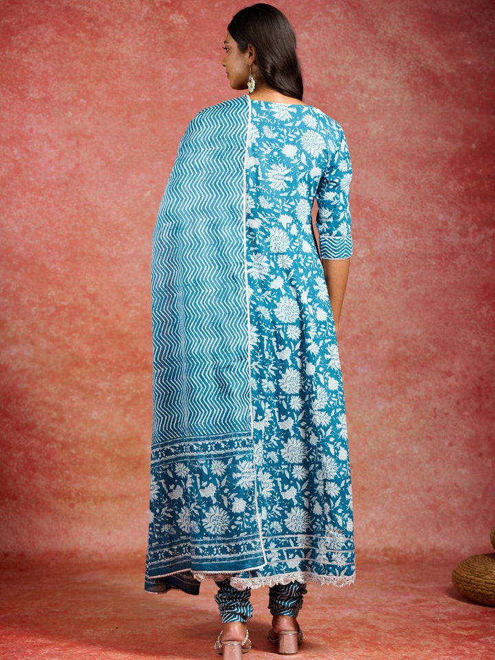 Blue Printed Cotton Anarkali Kurta With Churidar & Dupatta