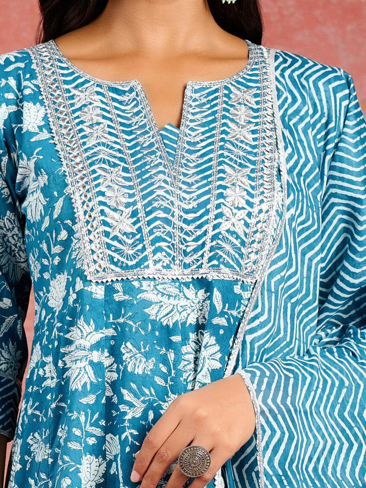 Blue Printed Cotton Anarkali Kurta With Churidar & Dupatta