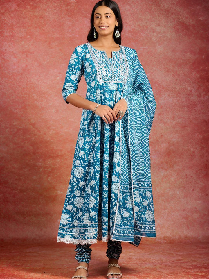 Blue Printed Cotton Anarkali Kurta With Churidar & Dupatta