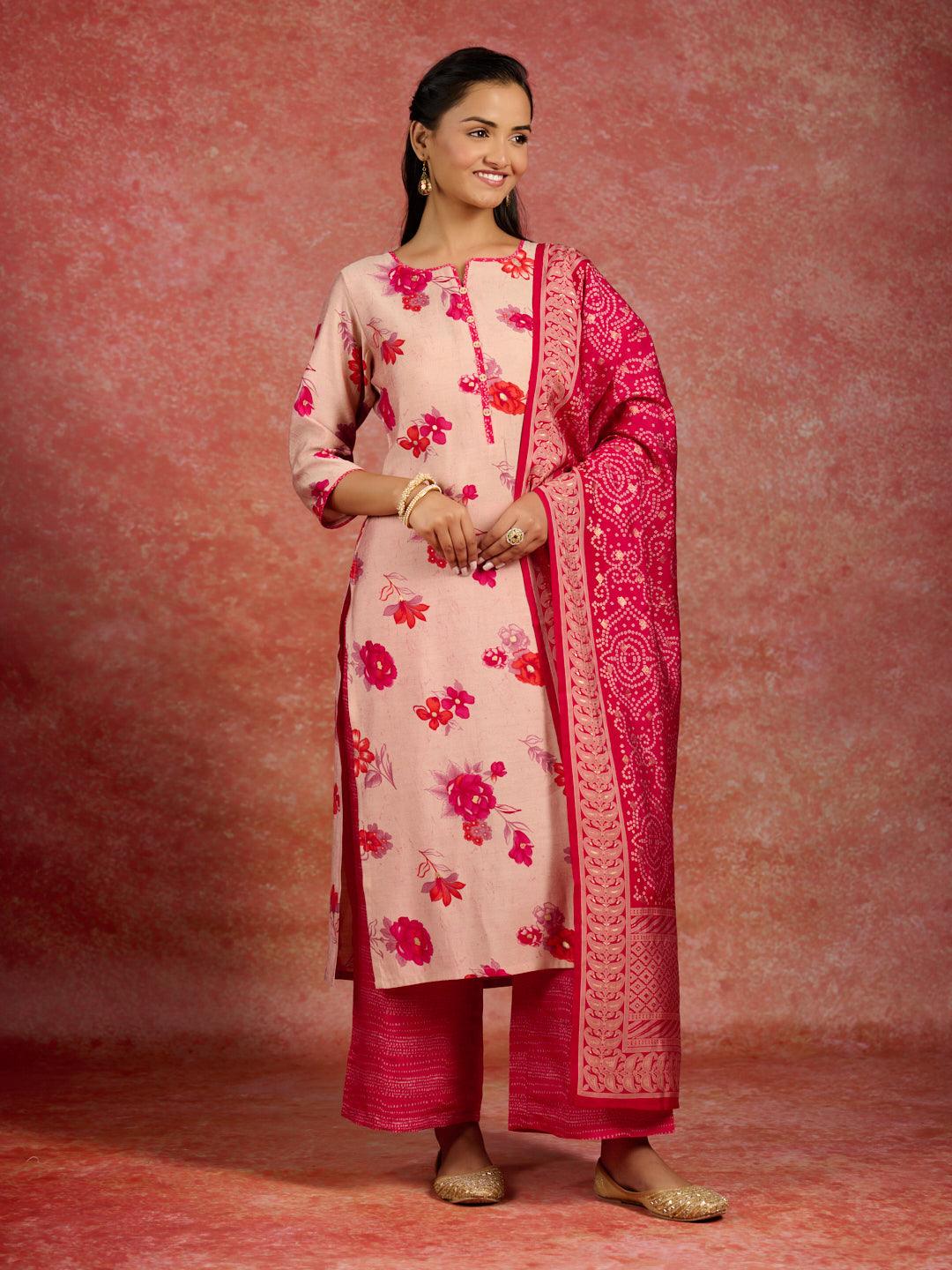 Pink Printed Silk Blend Straight Kurta With Palazzos & Dupatta - ShopLibas