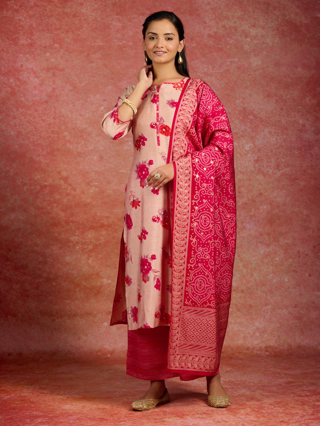 Pink Printed Silk Blend Straight Kurta With Palazzos & Dupatta - ShopLibas
